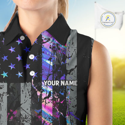 Black American Flag Hologram Women sleeveless polo shirt Custom patriotic ladies golf tops NQS11640
