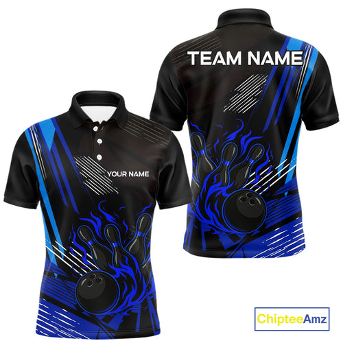 Black and Blue Flame Bowling Polo, Quarter Zip Shirts For Men Custom Bowling Outfit Team Jerseys NQS9962