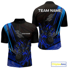 Load image into Gallery viewer, Black and Blue Flame Bowling Polo, Quarter Zip Shirts For Men Custom Bowling Outfit Team Jerseys NQS9962