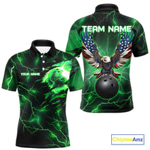 Load image into Gallery viewer, Green lightning thunder bowling American flag Eagle custom Mens Bowling Polo, Quarter Zip Shirts NQS10111