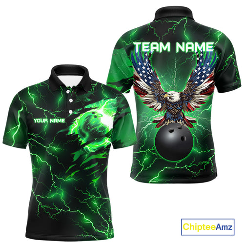 Green lightning thunder bowling American flag Eagle custom Mens Bowling Polo, Quarter Zip Shirts NQS10111
