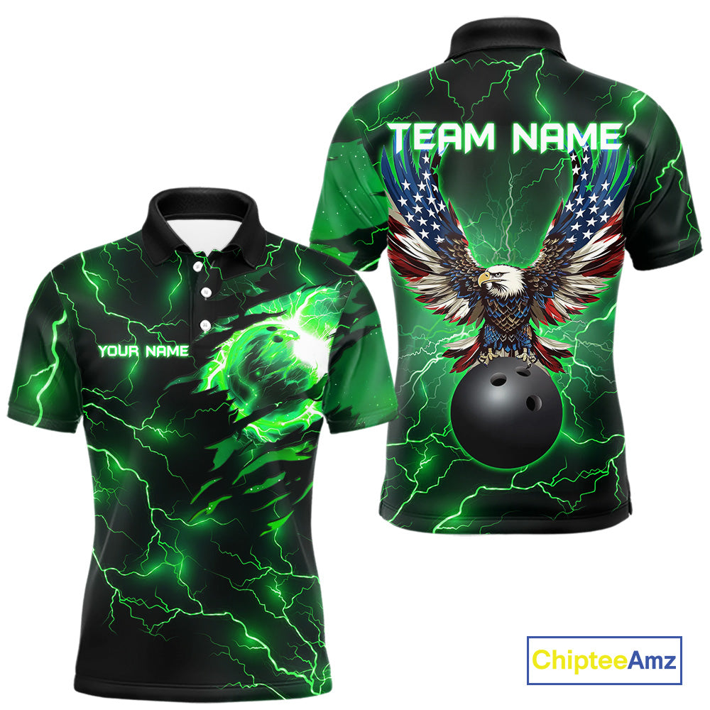 Green lightning thunder bowling American flag Eagle custom Mens Bowling Polo, Quarter Zip Shirts NQS10111