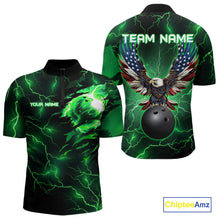 Load image into Gallery viewer, Green lightning thunder bowling American flag Eagle custom Mens Bowling Polo, Quarter Zip Shirts NQS10111