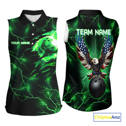Green lightning thunder bowling American flag Eagle custom Women sleeveless Polo Shirt, team jerseys NQS10111