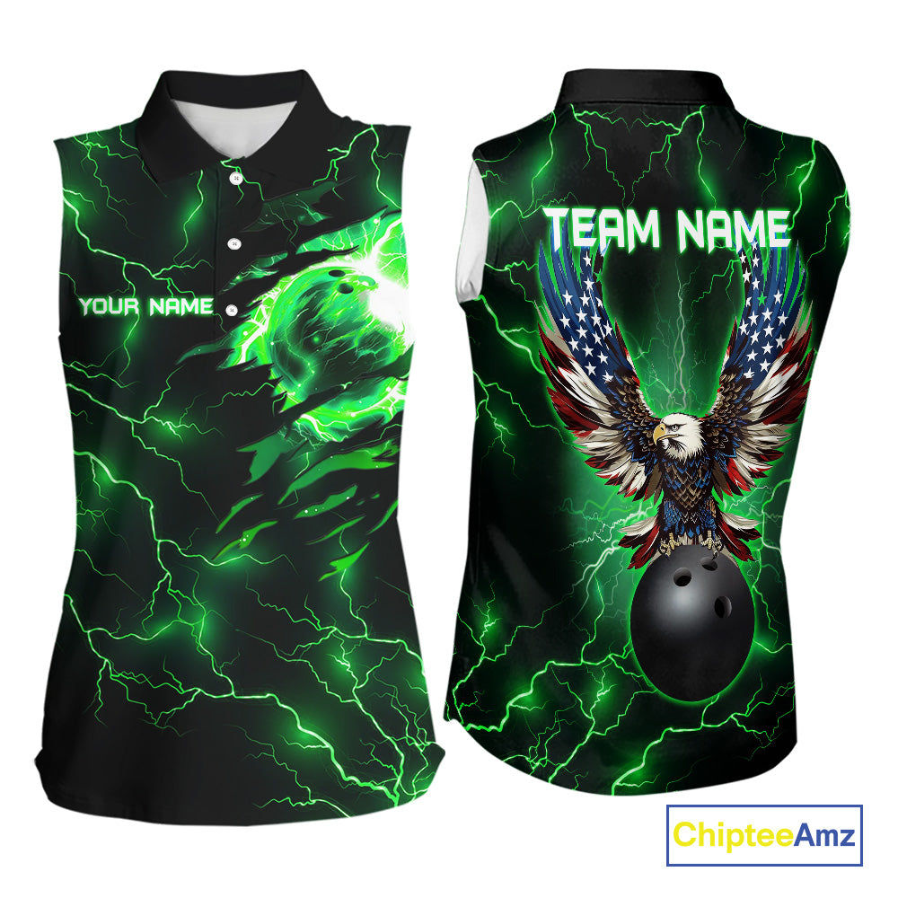 Green lightning thunder bowling American flag Eagle custom Women sleeveless Polo Shirt, team jerseys NQS10111