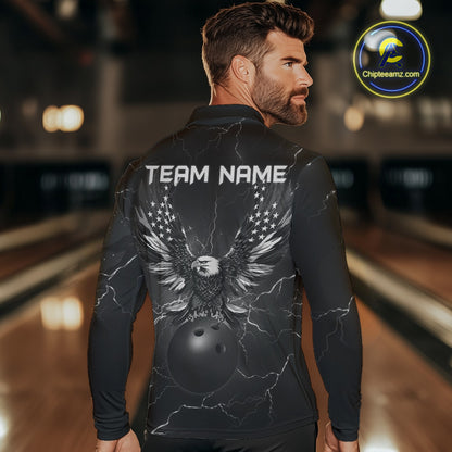 Black lightning thunder bowling American flag Eagle custom Mens Bowling Polo, Quarter Zip Shirts NQS10112