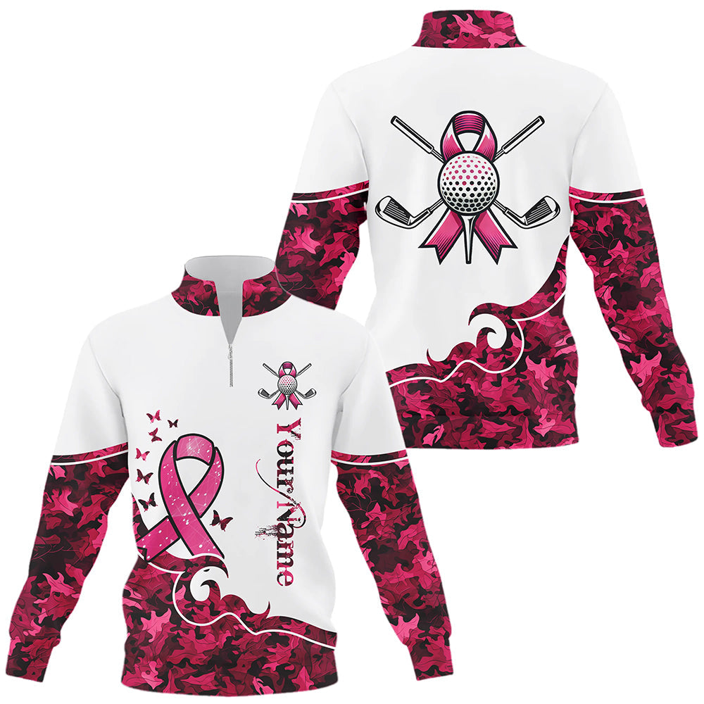 White and Pink camo ribbons Quarter zip golf sweatshirt custom breast cancer golf sweater NQS8460