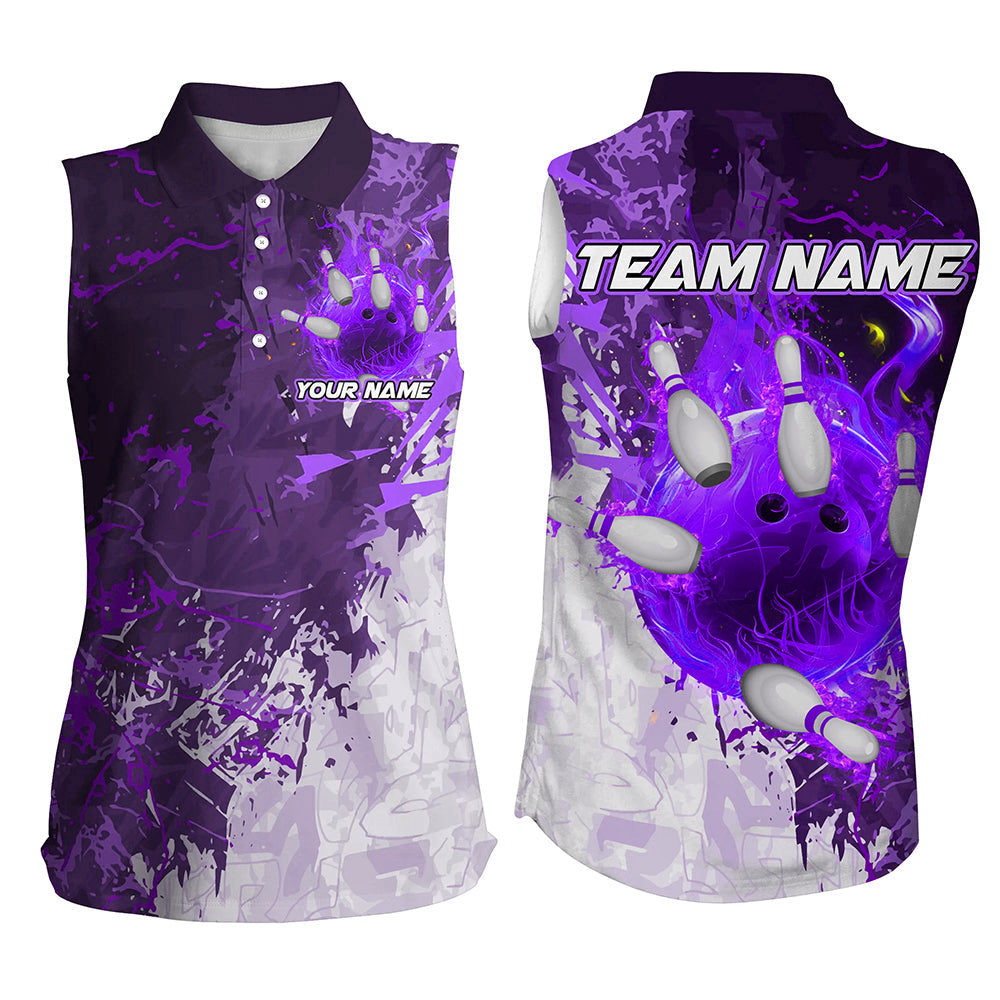 Purple Camo Flame Bowling Sleeveless Polo Shirts For Women Custom Bowling Team Jersey Outfits NQS8704