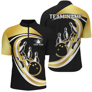 Black and Gold Bowling Polo, 1/4 Zip Shirts For Men Custom Bowling Team League Jersey, Gift For Bowler NQS8705