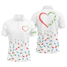 Load image into Gallery viewer, Mens golf polos shirts custom name Christmas light pattern heart personalized golf shirts for men NQS8935