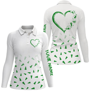 Women golf polos shirt custom Green Christmas pine tree pattern heart personalized ladies golf shirts NQS8936