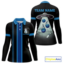 Load image into Gallery viewer, Black and Blue ufo alien Retro Bowling Polo, Quarter Zip Shirts for Women Custom Bowling Team Jersey NQS11462