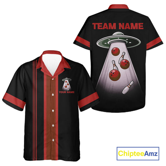 Black and Red ufo alien Retro Bowling Hawaiian shirt Custom Bowling Team button up shirt NQS11463