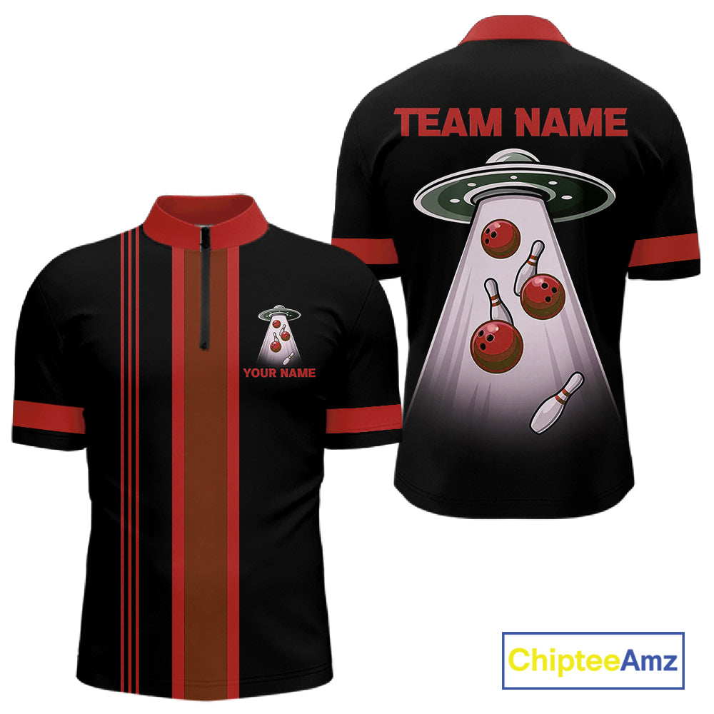 Black and Red ufo alien Retro Bowling Polo, Quarter Zip Shirts for men Custom Bowling Team Jersey NQS11463
