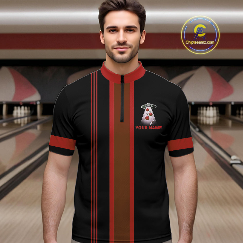 Black and Red ufo alien Retro Bowling Polo, Quarter Zip Shirts for men Custom Bowling Team Jersey NQS11463