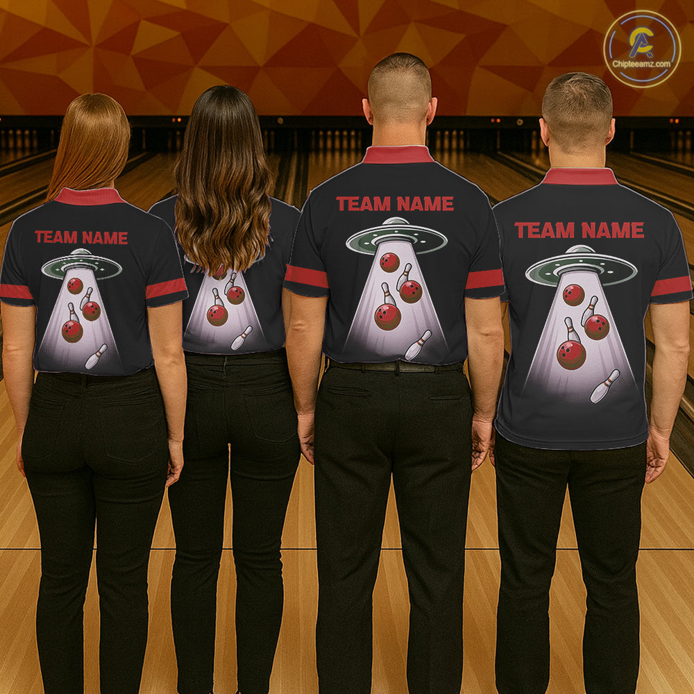 Black and Red ufo alien Retro Bowling Polo, Quarter Zip Shirts for men Custom Bowling Team Jersey NQS11463