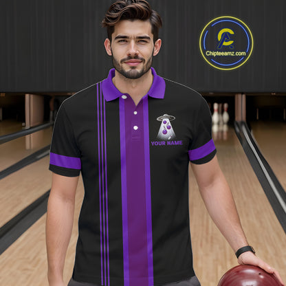 Black and Purple ufo alien Retro Bowling Polo, Quarter Zip Shirts for men Custom Bowling Team Jersey NQS11464