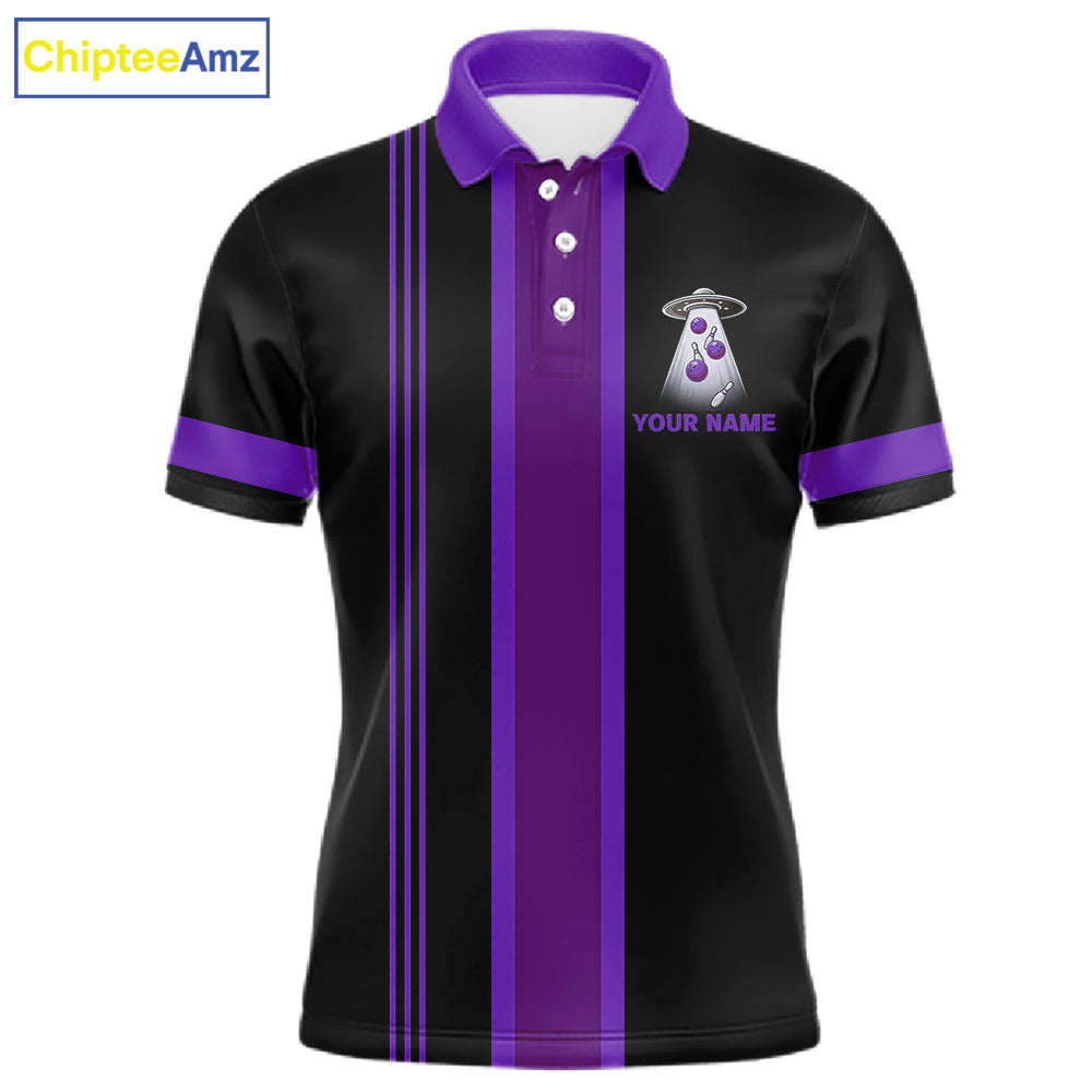 Black and Purple ufo alien Retro Bowling Polo, Quarter Zip Shirts for men Custom Bowling Team Jersey NQS11464