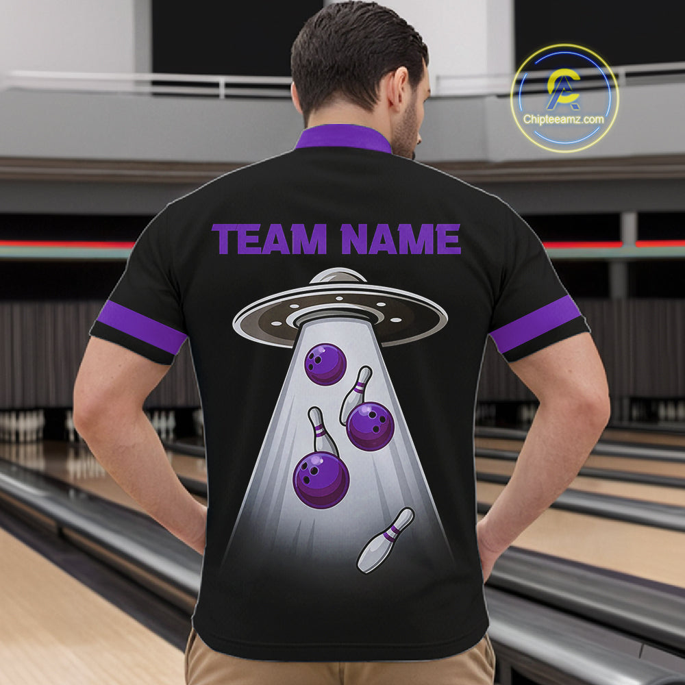 Black and Purple ufo alien Retro Bowling Polo, Quarter Zip Shirts for men Custom Bowling Team Jersey NQS11464