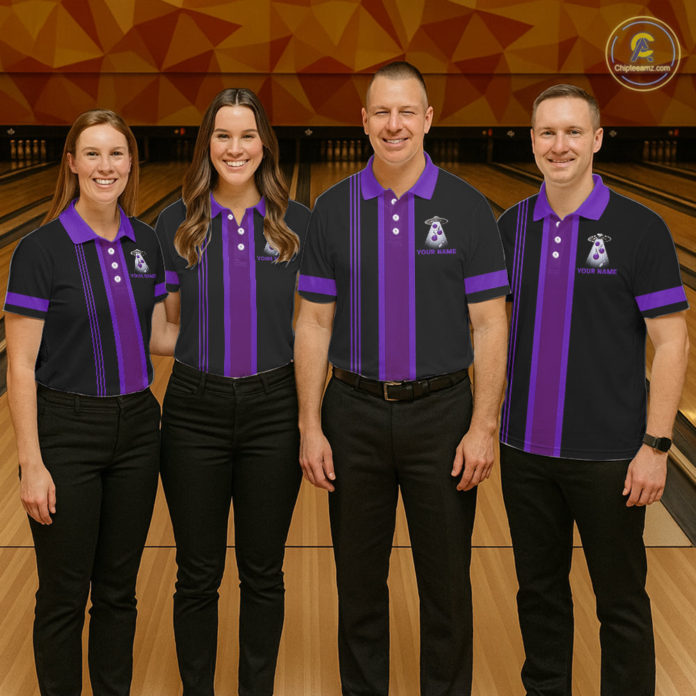 Black and Purple ufo alien Retro Bowling Polo, Quarter Zip Shirts for men Custom Bowling Team Jersey NQS11464