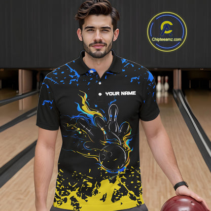 Personalized Black, Blue & Yellow Bowling Shirts For Men, Bowling Balls And Pins Bowling Team Shirts NQS11465