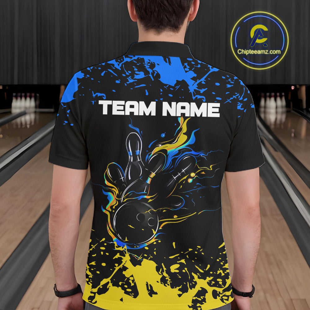 Personalized Black, Blue & Yellow Bowling Shirts For Men, Bowling Balls And Pins Bowling Team Shirts NQS11465