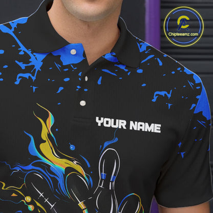 Personalized Black, Blue & Yellow Bowling Shirts For Men, Bowling Balls And Pins Bowling Team Shirts NQS11465