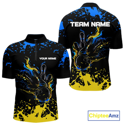 Personalized Black, Blue & Yellow Bowling Shirts For Men, Bowling Balls And Pins Bowling Team Shirts NQS11465