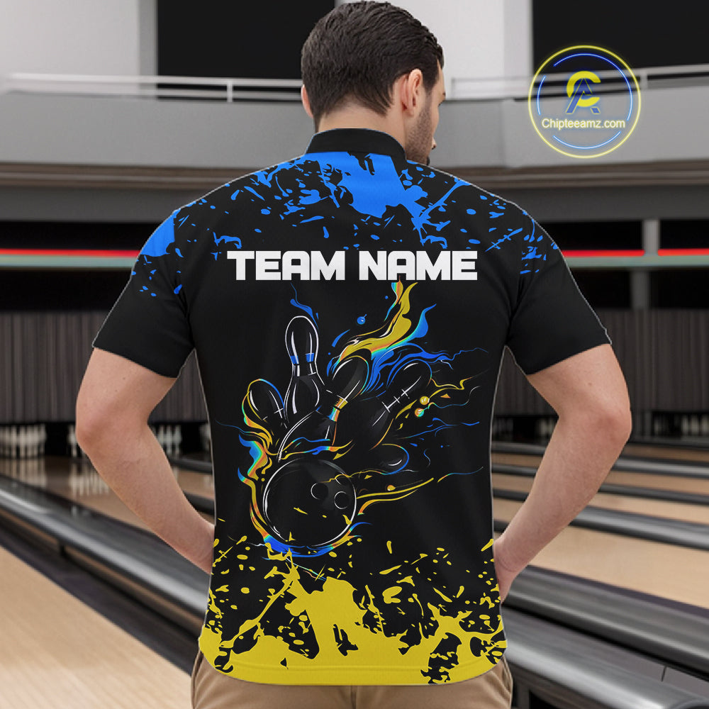 Personalized Black, Blue & Yellow Bowling Shirts For Men, Bowling Balls And Pins Bowling Team Shirts NQS11465
