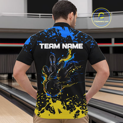 Personalized Black, Blue & Yellow Bowling Shirts For Men, Bowling Balls And Pins Bowling Team Shirts NQS11465