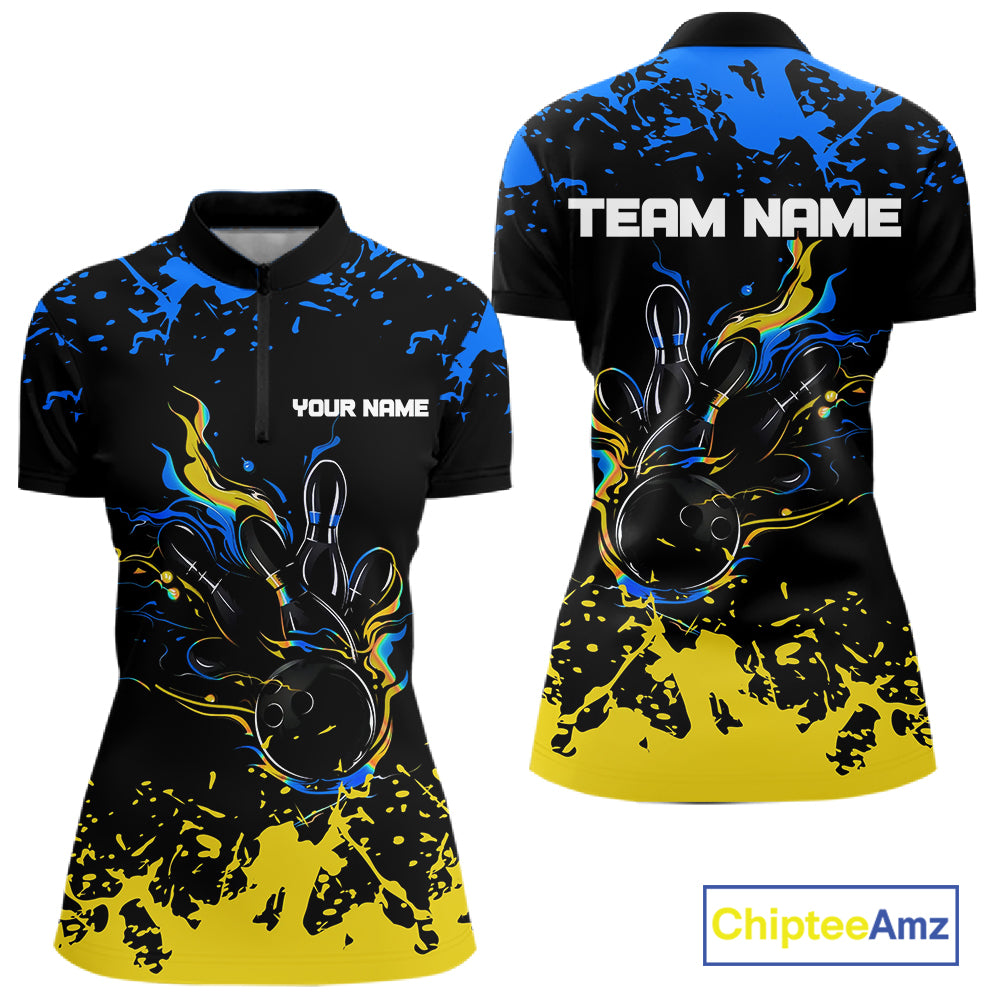 Personalized Black, Blue & Yellow Bowling Shirts For Women, Bowling Balls And Pins Bowling Team Shirt NQS11465