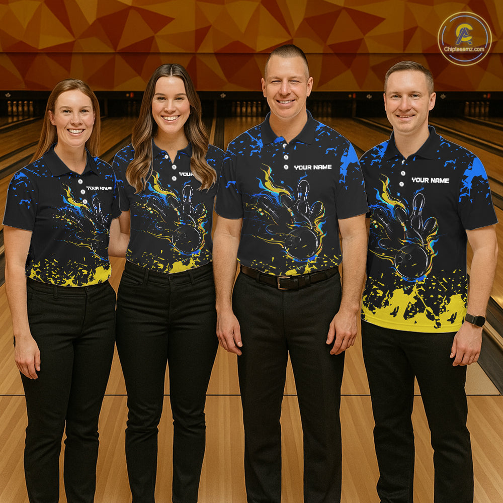 Personalized Black, Blue & Yellow Bowling Shirts For Men, Bowling Balls And Pins Bowling Team Shirts NQS11465