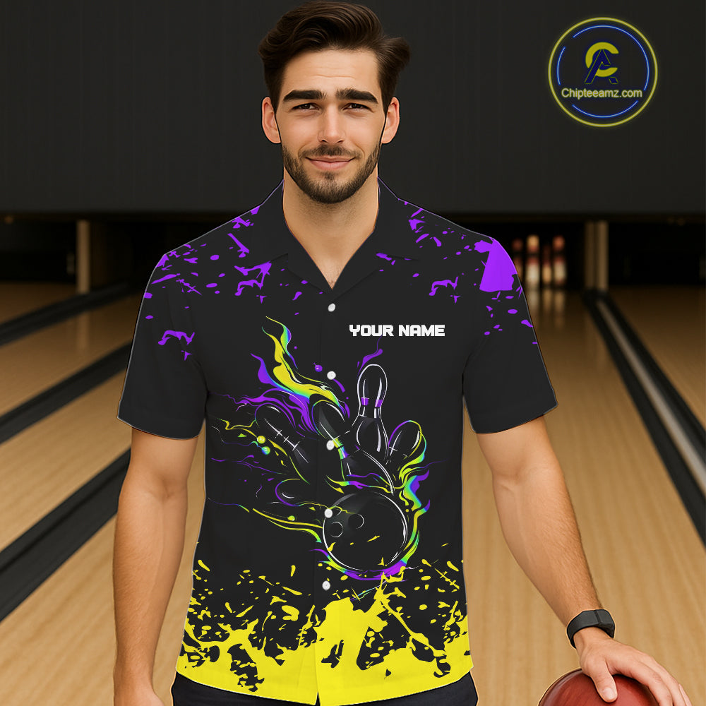 Personalized Black, Purple and Yellow Bowling Hawaiian Shirt, Bowling Ball & Pins Bowling Team Shirts NQS11466