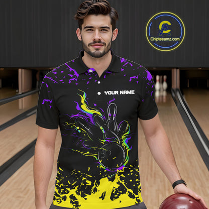 Personalized Black, Purple & Yellow Bowling Shirts For Men, Bowling Balls And Pins Bowling Team Shirt NQS11466