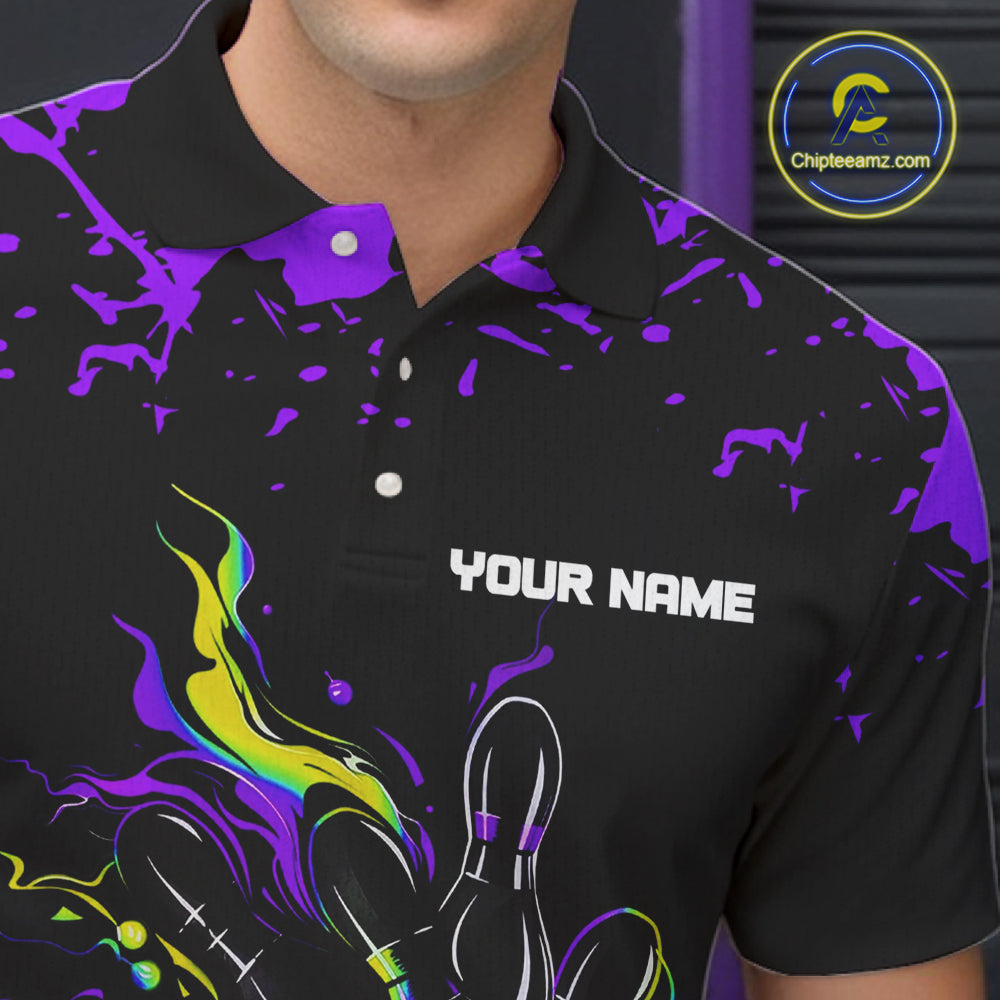 Personalized Black, Purple & Yellow Bowling Shirts For Men, Bowling Balls And Pins Bowling Team Shirt NQS11466