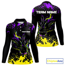 Load image into Gallery viewer, Personalized Black, Purple &amp; Yellow Bowling Shirts For Women, Bowling Balls &amp; Pins Bowling Team Shirt NQS11466