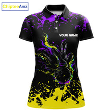Load image into Gallery viewer, Personalized Black, Purple &amp; Yellow Bowling Shirts For Women, Bowling Balls &amp; Pins Bowling Team Shirt NQS11466