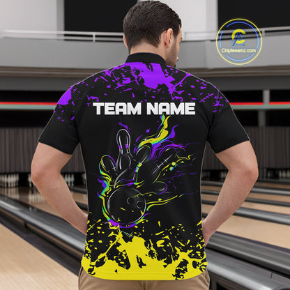 Personalized Black, Purple & Yellow Bowling Shirts For Men, Bowling Balls And Pins Bowling Team Shirt NQS11466