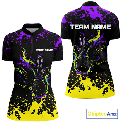 Personalized Black, Purple & Yellow Bowling Shirts For Women, Bowling Balls & Pins Bowling Team Shirt NQS11466