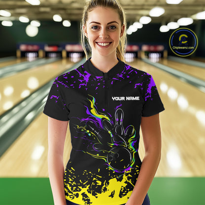 Personalized Black, Purple & Yellow Bowling Shirts For Women, Bowling Balls & Pins Bowling Team Shirt NQS11466