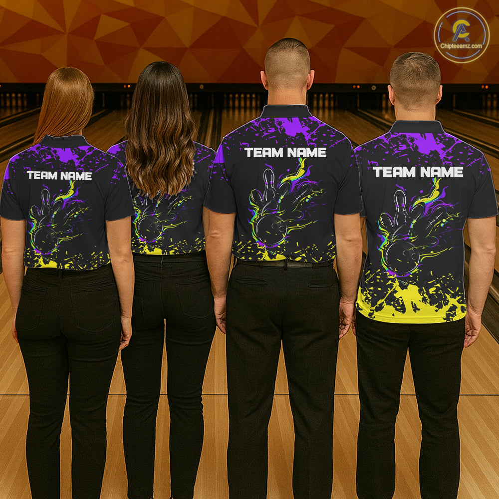 Personalized Black, Purple & Yellow Bowling Shirts For Women, Bowling Balls & Pins Bowling Team Shirt NQS11466