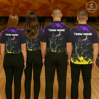 Personalized Black, Purple & Yellow Bowling Shirts For Women, Bowling Balls & Pins Bowling Team Shirt NQS11466