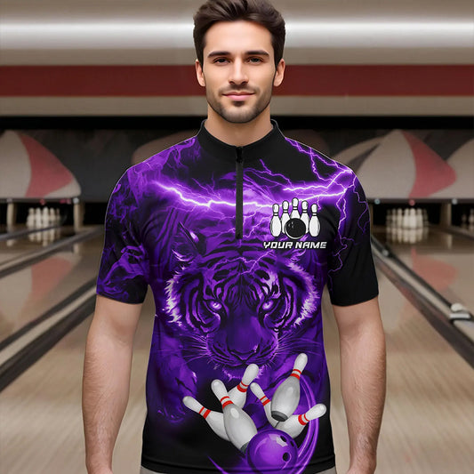 Personalized Purple Lightning Thunder Storm Tiger Bowling Shirts For Men Custom Bowling Team Jerseys NQS9684
