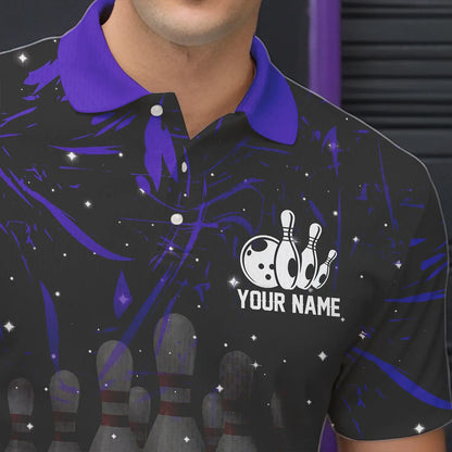 Personalized Black and Purple Camo Bowling Polo, Quarter Zip Shirts For Men Custom Bowling Team Jersey NQS9687