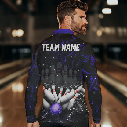 Personalized Black and Purple Camo Bowling Polo, Quarter Zip Shirts For Men Custom Bowling Team Jersey NQS9687