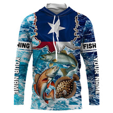 Load image into Gallery viewer, Texas Flag Redfish, trout, flounder inshore blue camo custom long sleeves performance fishing shirts NQS5464