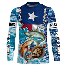 Load image into Gallery viewer, Texas Flag Redfish, trout, flounder inshore blue camo custom long sleeves performance fishing shirts NQS5464