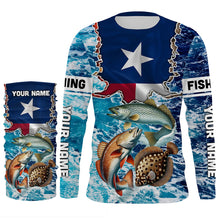 Load image into Gallery viewer, Texas Flag Redfish, trout, flounder inshore blue camo custom long sleeves performance fishing shirts NQS5464