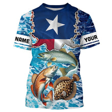 Load image into Gallery viewer, Texas Flag Redfish, trout, flounder inshore blue camo custom long sleeves performance fishing shirts NQS5464