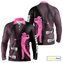 Load image into Gallery viewer, Black and pink Mens golf polo shirts custom golf clubs team golf shirts, golf tops for men NQS10117